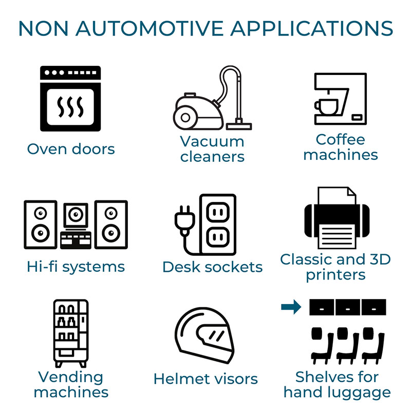 Non Automotive applications with CD series one way dampers: oven doors, vacuum cleaners, coffee makers, hi-fi systems, classic and 3D printers, desk sockets, helmets, vending machines, shelves for hand luggage on airplanes and trains
